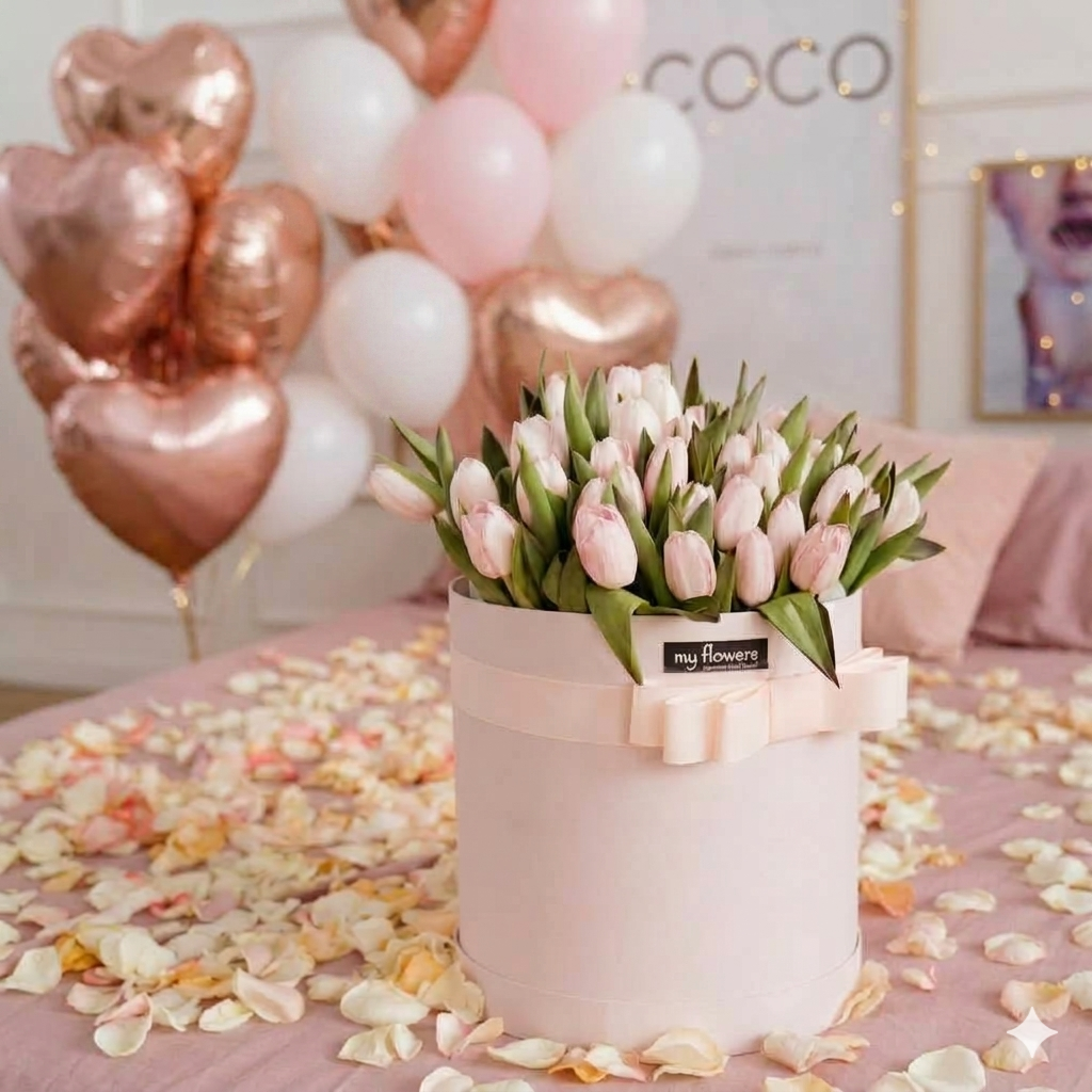 Bouquet, Balloons & Rose Petals Room Decoration – Same-Day Delivery Miami