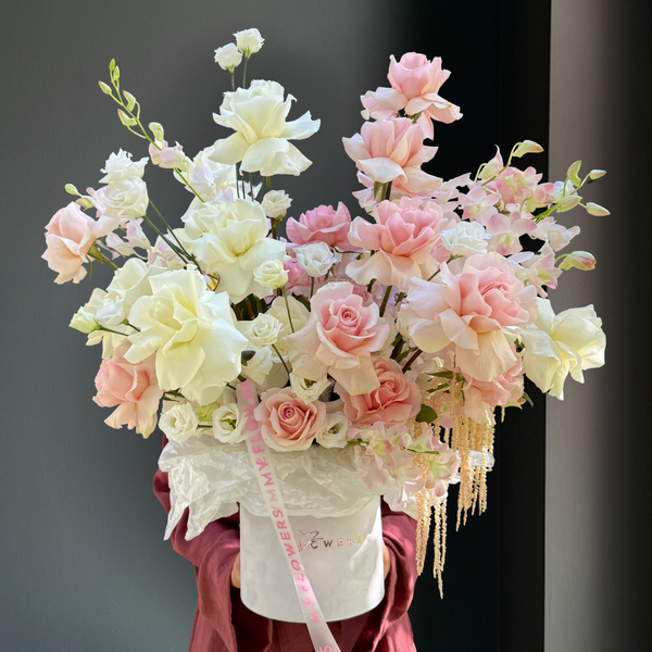 Blushing Blooms - Soft Pink and White French-Style Roses, Lisianthus, Astrantia Bouquet