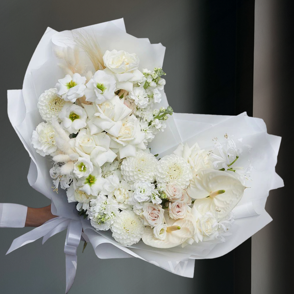 White Grace Bouquet – Timeless Elegance with Anthuriums, Roses, and Eustoma