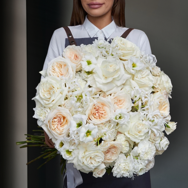 Elegant Creme Brûlée Ice Cream Bouquet - White French style roses, garden roses, lisianthus, carnations.