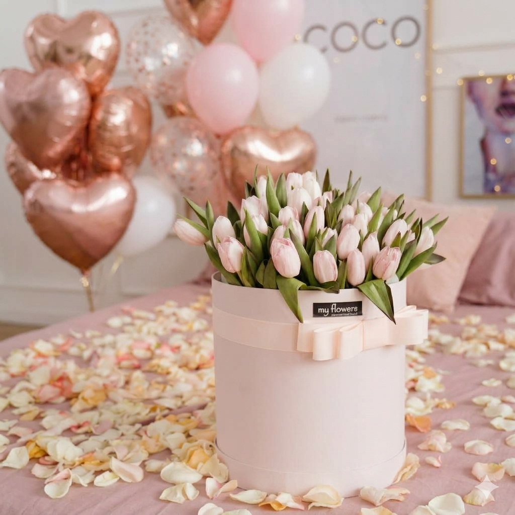 A round pale pink flower box filled with light pink tulips, tied with a matching ribbon and bow. Rose gold balloons, with scattered flower petals on the floor.